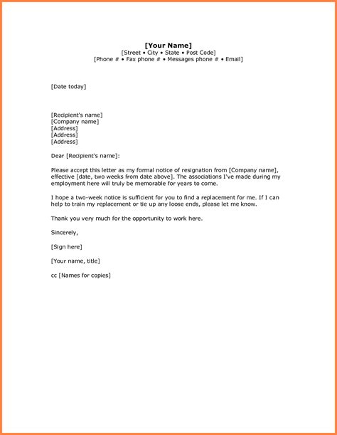 5 Simple Resignation Letter Sample 1 Week Notice Notice Letter