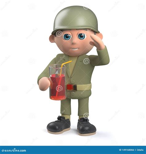 Cartoon Army Sergeant Character In 3d Holding A Glass Of Juice And