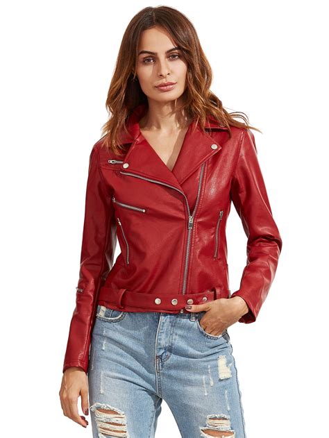 Red Long Sleeve Lapel Zipper Jackets Red Leather Jacket Outfit Leather Jackets Women Leather