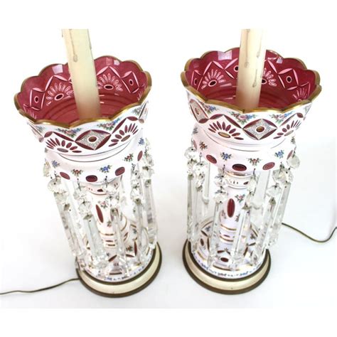 Large Bohemian Cased Glass Lamps Victorian Cut To Cranberry Lamps With