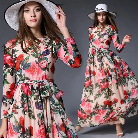 Floral Maxi Dress Long Sleeve Printed Chiffon Dress Bohemian Beach Long