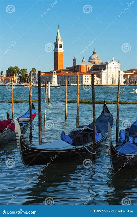 Gondolas And San Giorgio Maggiore Island Venice Italy Editorial