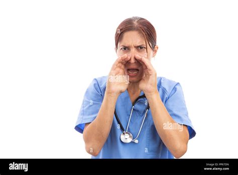 Angry Female Nurse Or Doctor Screaming With Hands On Mouth As Furious