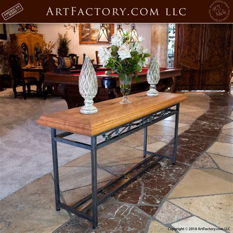 Custom Foyer Table Solid Wood Top Hand Forged Wrought Iron Trestle