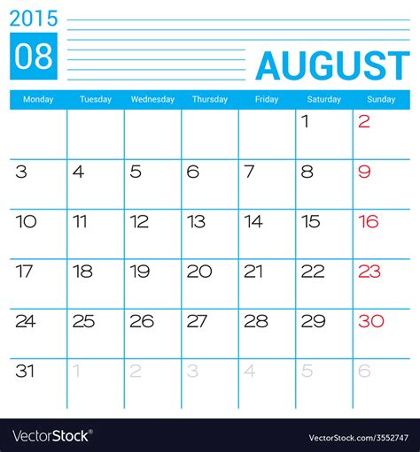 August 2015 Calendar Page Template Royalty Free Vector Image