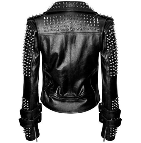 Handmade Women Black Punk Silver Spiked Studded Leather Biker Jacket On