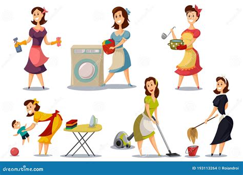 Housewives Woman Housewife Doing Housework Happy Mother Cooks In