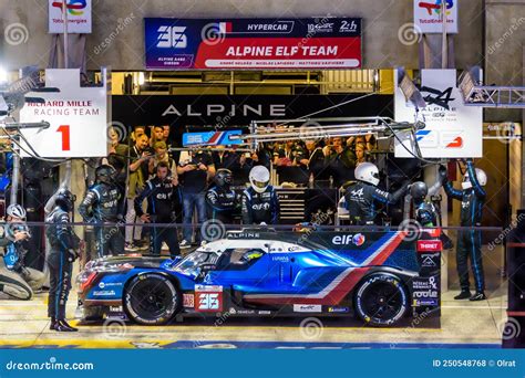 Alpine A480 Hypercar Race Car Pit Stop At Night During The 24 Hours Of