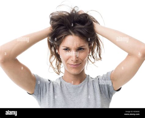 Angry Stressed Woman Having A Bad Hair Day She Is Holding Her Messy