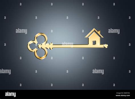 Illustrative Golden Key With House Icon Focusing Real Estate Isolated