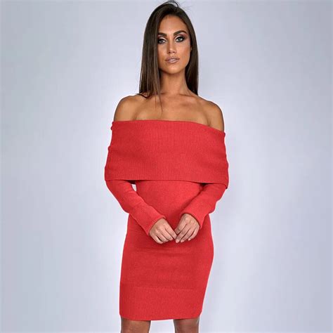 winter warm thick sexy knitted dress off shoulder long sleeve casual sweater dress bodycon solid