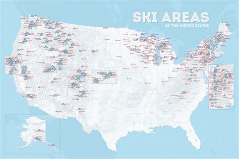 Us Ski Resorts Map Poster White And Light Blue Map Poster Poster