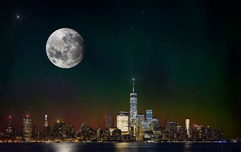 Full Moon In Night Sky Above New York City Skyline Usa Manhattan Free