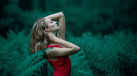 Red Dress Girl In Forest Wallpaper Hd Girls Wallpapers K Wallpapers Images Backgrounds Photos