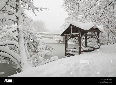 Central Park Peaceful Winter Scene After Heavy Snowfall The Bow Bridge