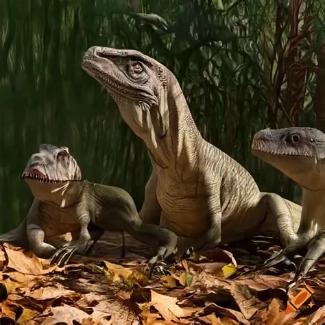 Three Mostly Grey And Brown Striped Iguanodon Dinosaurs Lying Down