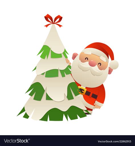 Cute Cartoon Santa Claus Behind Christmas Tree Vector Image