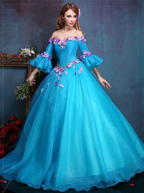 100real Royal Embroidery Blue Flower Ball Gown Medieval Dress