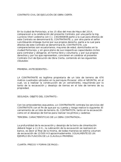 Modelo Contrato Civil De EjecuciÓn De Obra Ciertadocx Pagos Póliza