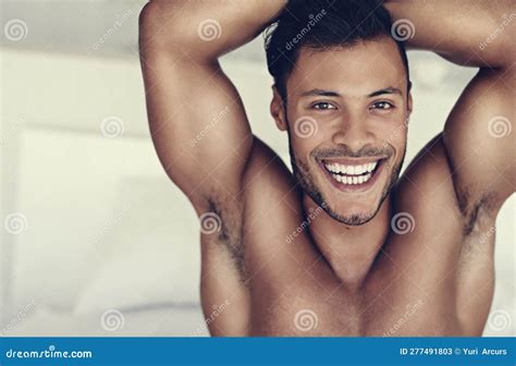 bedroom portrait stretching and happy man with morning smile for wellness start of new day and