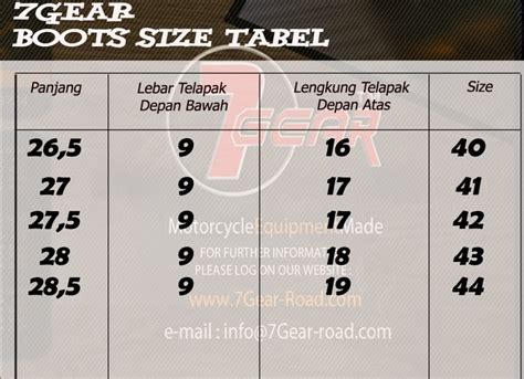 Tabel Ukuran 7gear Boot ~ Sepatu Touring 7 Gear