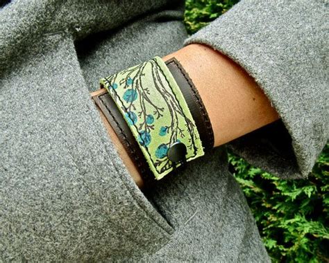 Leather Cuff Wrap Bracelet Twiggy Print Green Adjustable Etsy
