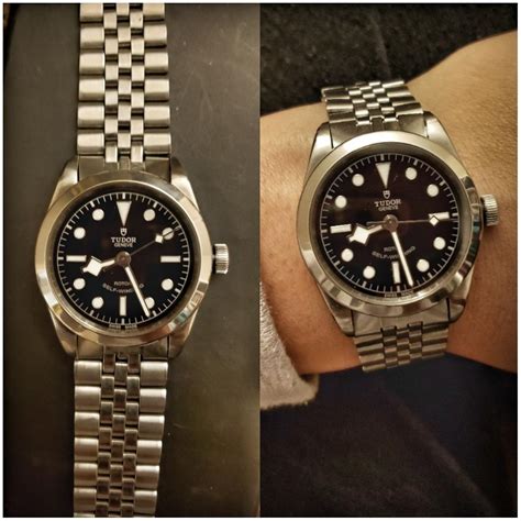 The tudor black bay 36 with a blue dial (ref. Tudor Black Bay 36 on vintage Jubilee bracelet : Watches
