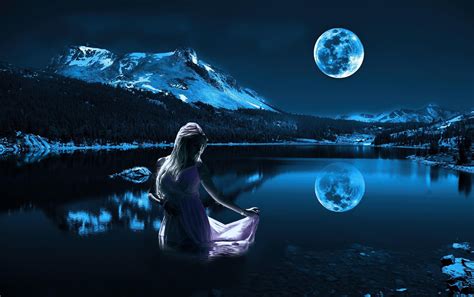 Wallpaper Women Fantasy Art Night Reflection Earth Moonlight