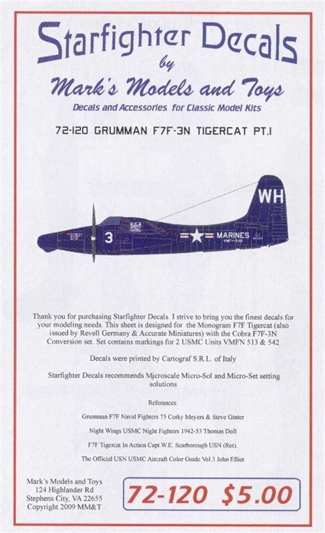 Starfighter Decals 1 72 F7F 3N Marine Nightfighters Pt 1 Decal Sheet