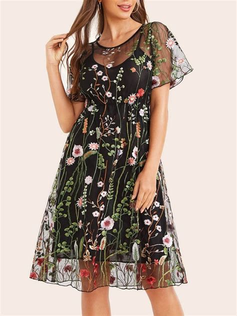 Floral Embroidered Mesh Dress With Cami Dress For Sale Australia New Collection Online Shein