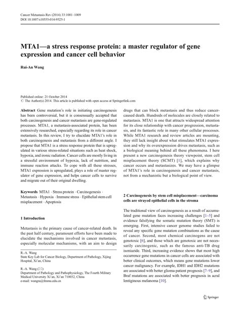 PDF MTA A Stress Response Protein A Master Regulator Of Gene Expression And Cancer Cell Behavior