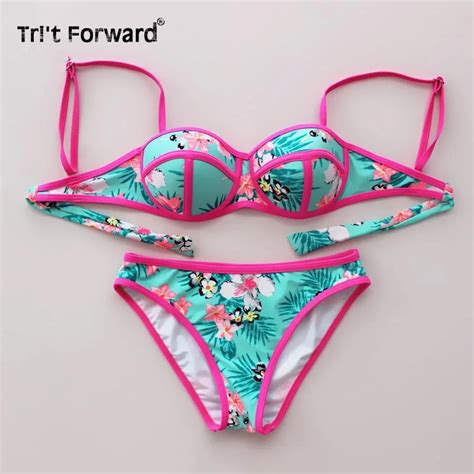 2016 New Arrival Push Up Floral Bikini Padded Colorful Print Swimwear Patchwork Women Halter