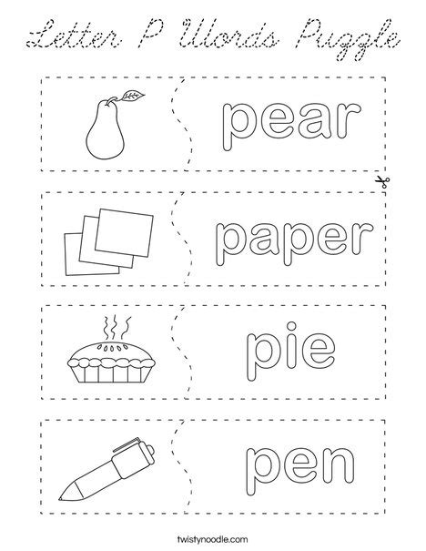 Letter P Words Puzzle Coloring Page Cursive Twisty Noodle