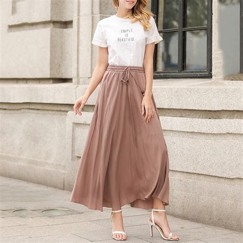 New Summer Women Maxi Skirts Boho Preppy Style Solid Color Pleated
