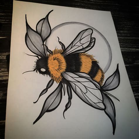 Bumblebees are a large group of insects in the bombus genus. cute bumblebee and leaves neotraditional drawing with ...