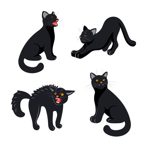 Bright Set Of Cute Realistic Black Cats In Different Poses For