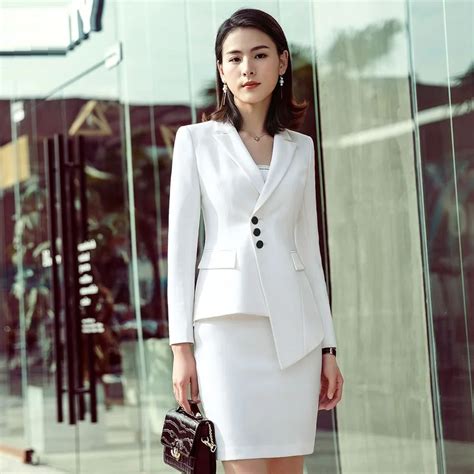 Business Formal Women White Skirt Suit 2018 New Fashion Elegant Blazer And Skirt Office