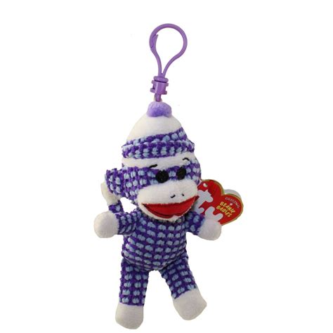 Ty Ty Beanie Baby Sock Monkey Purple Quilted Plastic Key Clip