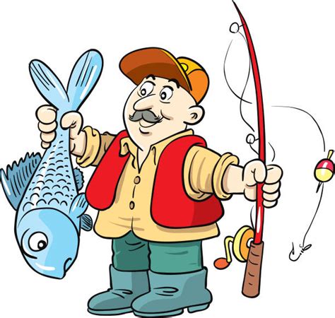 Pescador Captura De Peces De Ilustración Vectorial De Dibujos Animados