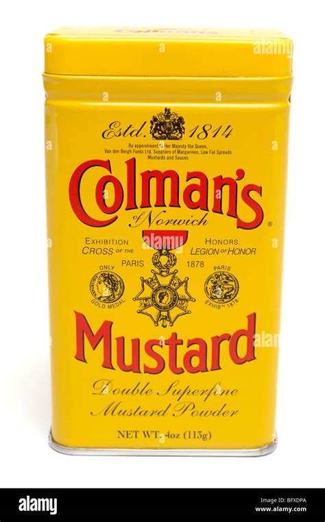 Yellow Tin Of Colmans Mustard Powder Stock Photo Alamy