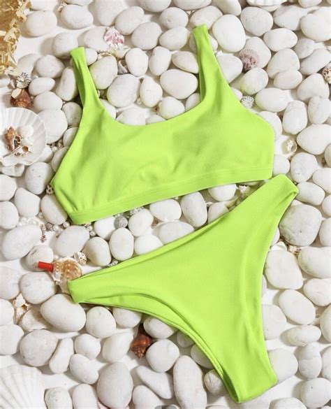 SHEIN Neon Lime Rib Bikini Swimsuit Women S Fashion Swimwear Bikinis