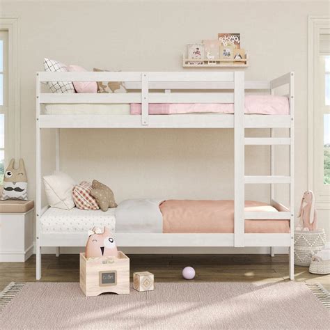 Welwick Designs White Solid Wood Transitional Twin Bunk Bed With Ladder