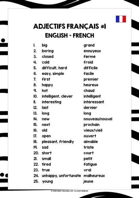 French Adjectives List Freebie 1