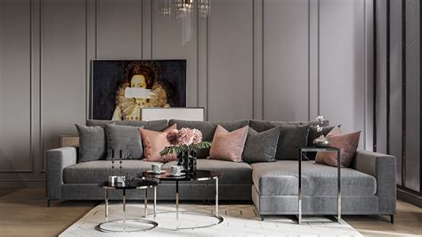 Beautiful Monochromatic Grey Luxury Living Room Decor With Grey Velvet