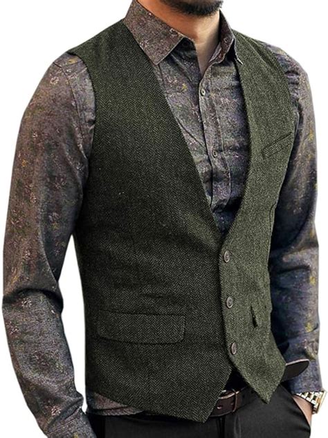 Aesido Mens Suit Vest Slim Fit Herringbone Wool Tweed Casual V Neck Formal Waistcoat For