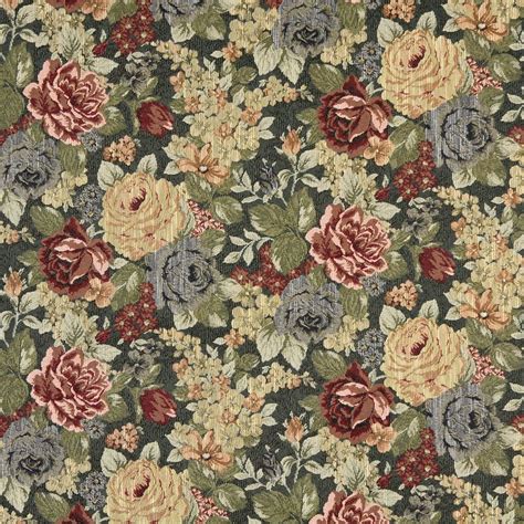 Yellow Burgundy And Dark Green Floral Vintage Tapestry Upholstery