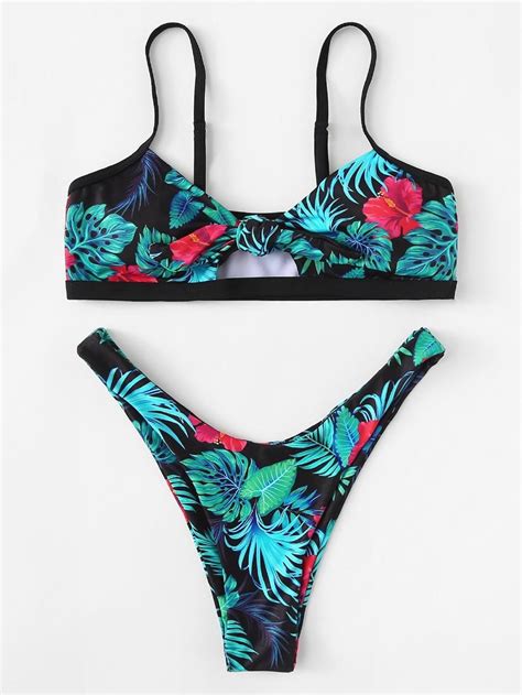 Tropical Print Knot Bikini Set Sheinsheinside Swimwear Online Bikini Swimwear Bikini Set