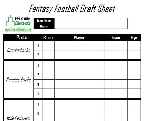 Fantasy Football Draft Sheet Printable Fantasy Football