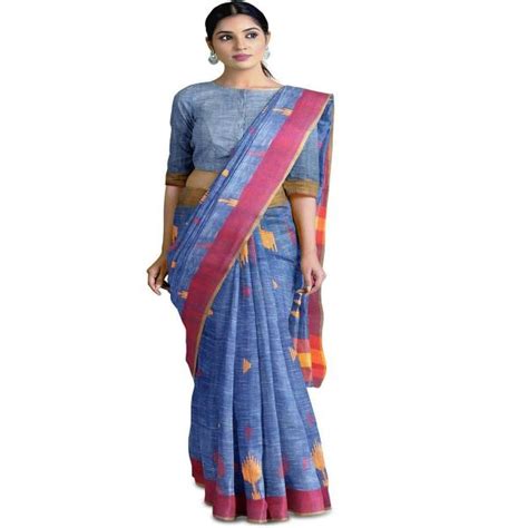 Angoshobha Free Size Women Blue Woven Design Cotton Traditional Saree