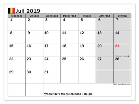 Yearly calendar showing months for the year 2019. Kalender juli 2019, België - Michel Zbinden NL